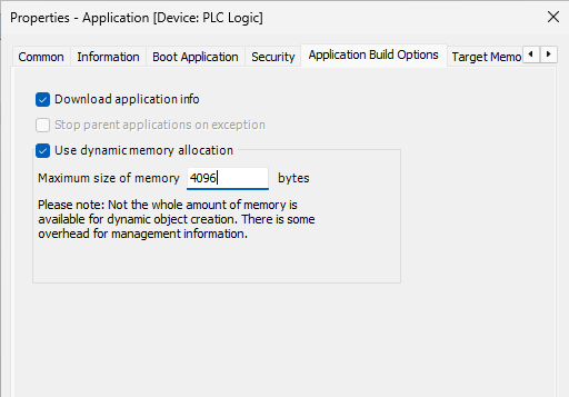 Codesys memory setting screenshot